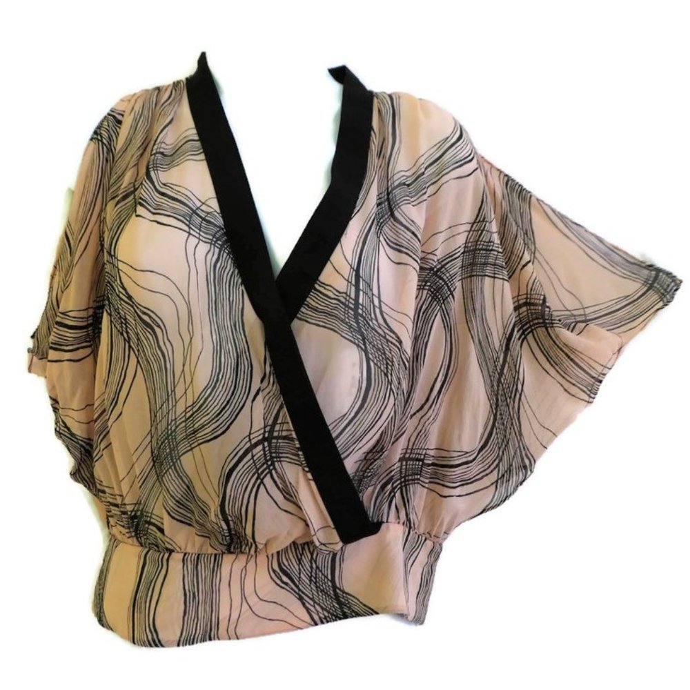 SiLK Vintage Y2K Limited Surplice Blouse Peach Black Geo Swirl Side Hip Snaps S